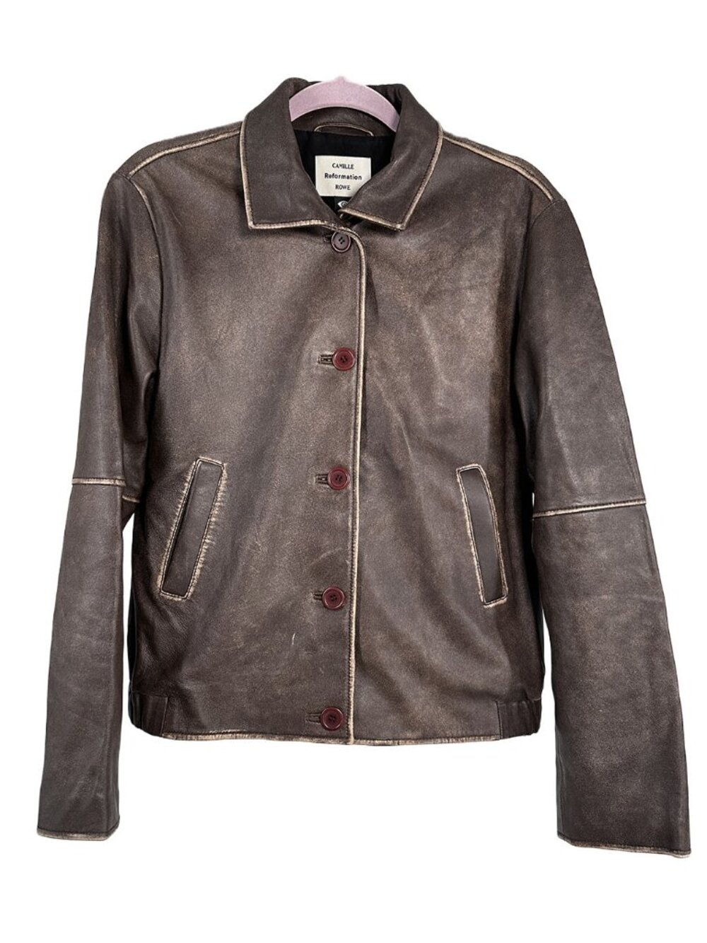 Reformation x Camille Rowe Veda Allen Leather Jacket Distressed Brown Small S